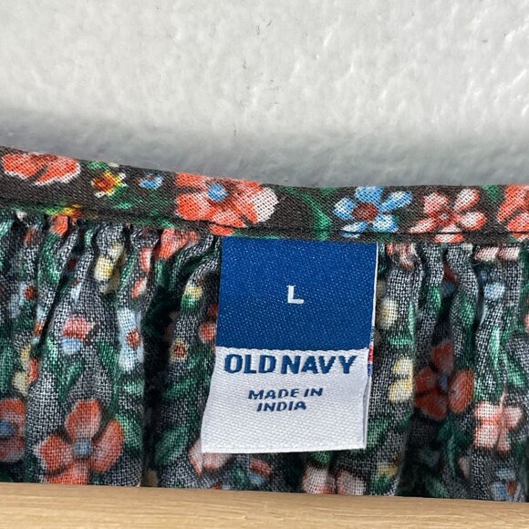 Old Navy Womens Large Floral Boho Blouse Black Multicolor Lace Trim Long Sleeves - Picture 4 of 10